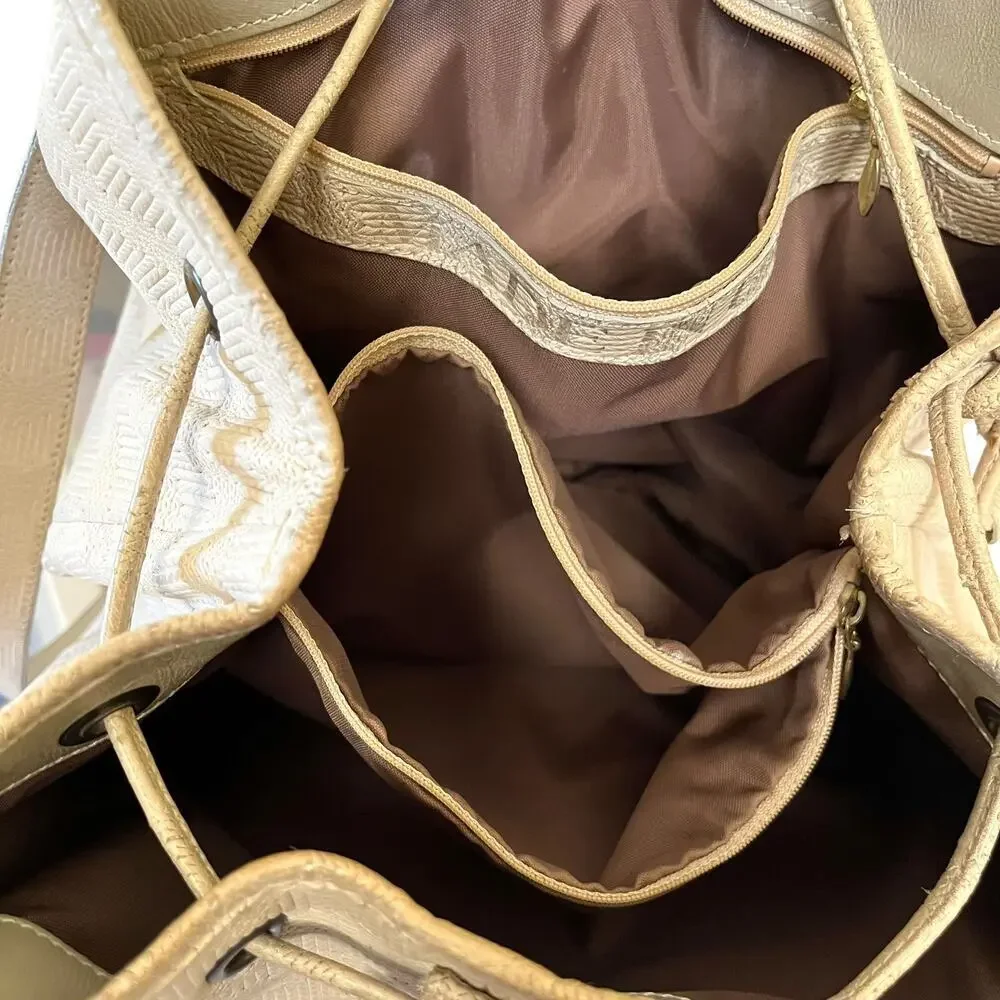 Brahmin 1980s Vintage Early Old Stock Chevron Embossed Cream Leather Bucket Bag